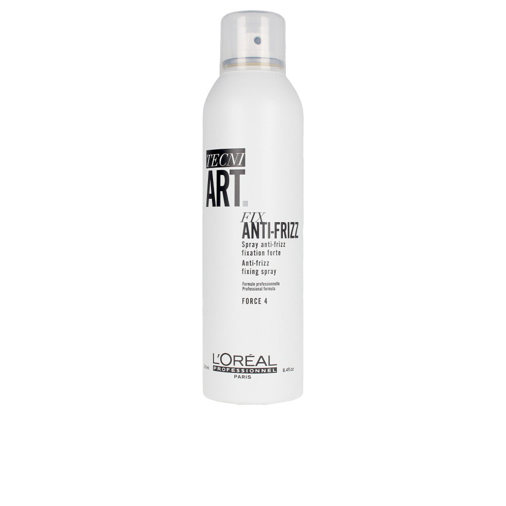 L'Oréal Professionnel Tecni Art Fix Anti-Frizz Force 4 hair spray in 250ml bottle, designed to control frizz and hold styles.