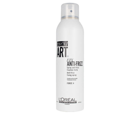 L'Oréal Professionnel Tecni Art Fix Anti-Frizz Force 4 hair spray in 250ml bottle, designed to control frizz and hold styles.