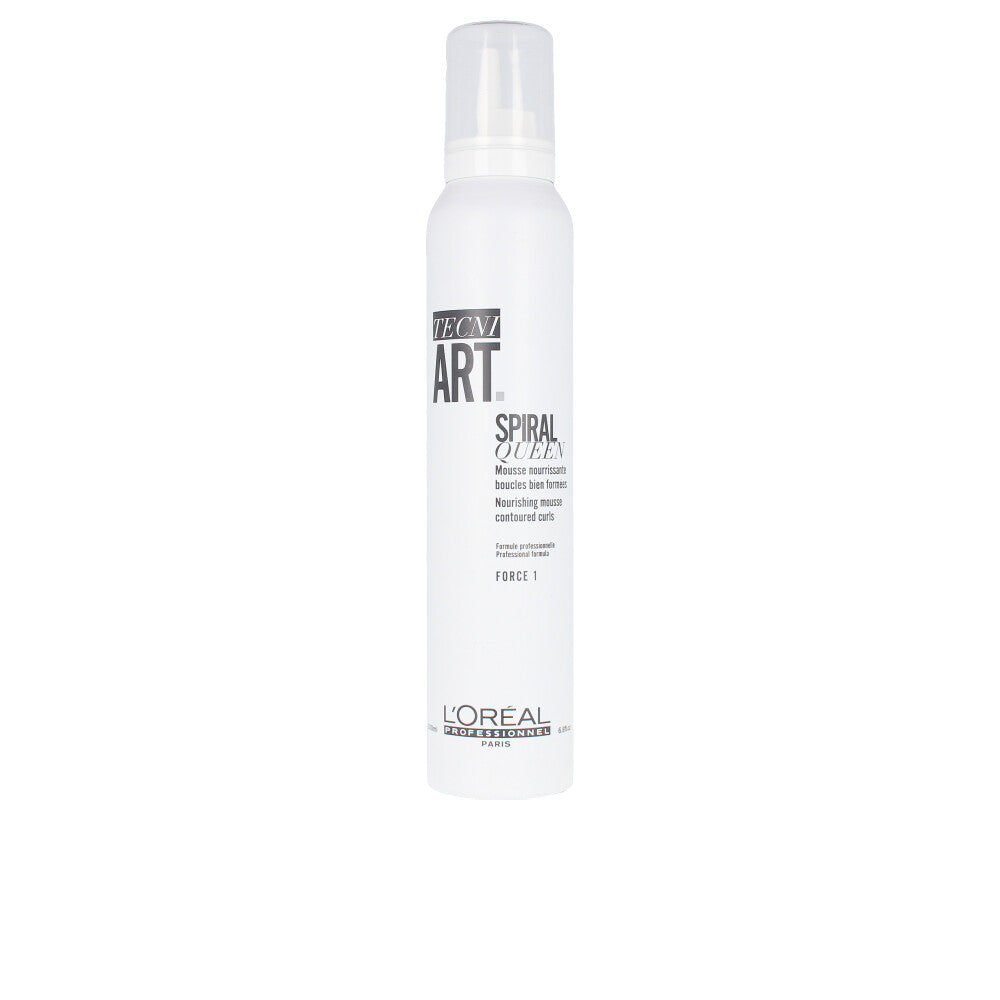 L'oreal Professionnel Tecni Art Spiral Queen Nourishing Mousse 200ml bottle with a sleek design, suitable for textured hair styling.