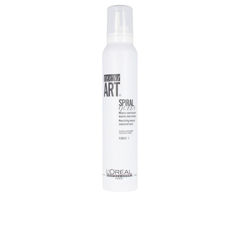 L'Oreal Professionnel Tecni Art Spiral Queen Nourishing Mousse 200ml bottle, with a sleek design and product label visible.