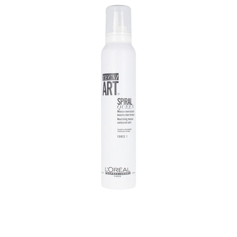 L'Oreal Professionnel Tecni Art Spiral Queen Nourishing Mousse 200ml bottle, with a sleek design and product label visible.