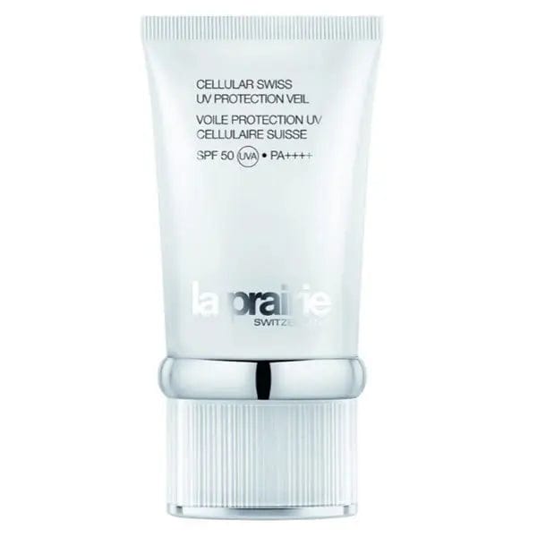 La Prairie Cellular Swiss UV Protection Veil 50ml bottle, skincare product with protective SPF, displayed in a sleek container.