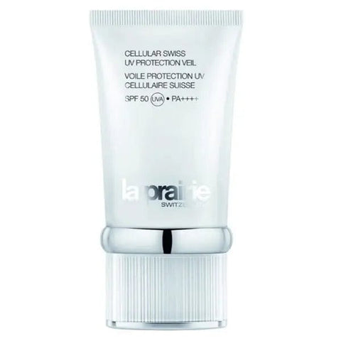 La Prairie Cellular Swiss UV Protection Veil 50ml bottle, skincare product with protective SPF, displayed in a sleek container.