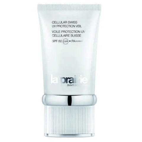La Prairie Cellular Swiss UV Protection Veil 50ml, lightweight facial sunscreen in a sleek bottle, displayed with brand details.