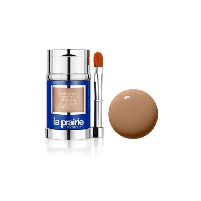 La Prairie Skin Caviar Concealer Foundation SPF15 in Mocha, 30ml, with sleek packaging and applicator wand visible.