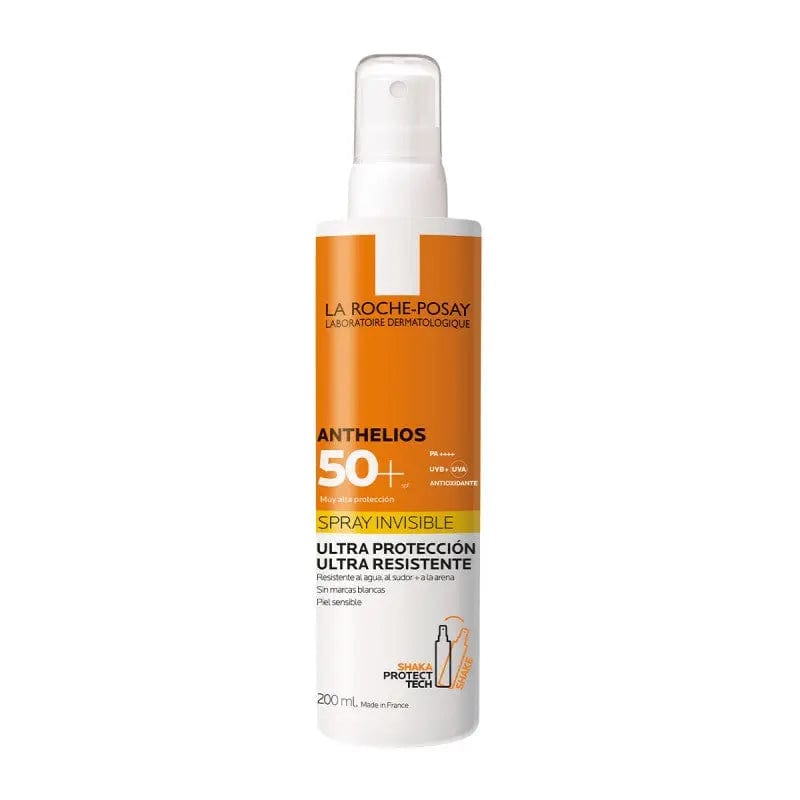 La Roche-Posay Anthelios SPF50 spray in a 200ml bottle, shown with its packaging and spray nozzle.