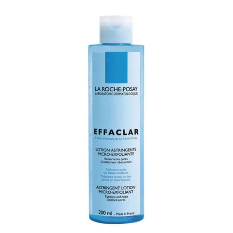 La Roche Posay Effaclar Astringent Lotion 200ml bottle, clear liquid product for oily skin, on a white background.