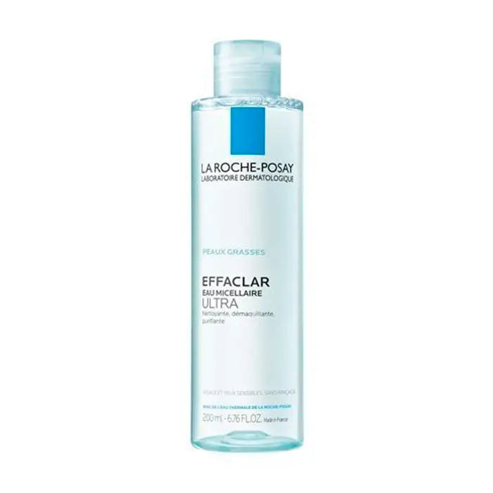 La Roche Posay Effaclar Micellar Water Purifying 200ml bottle, clear liquid cleanser with blue cap, on a white background
