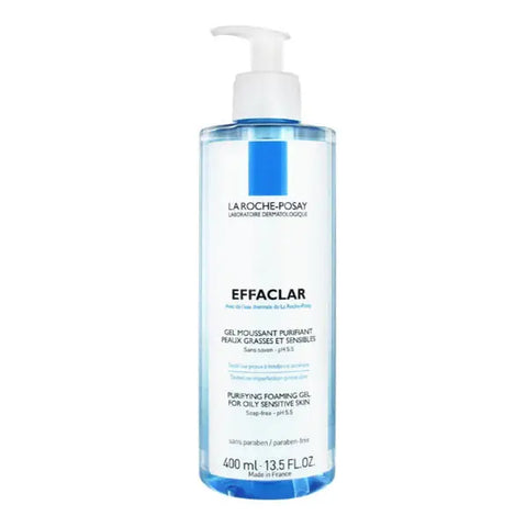 La Roche Posay Effaclar Purifying Foaming Gel 400ml, a gentle facial cleanser in a white pump bottle with blue accents.
