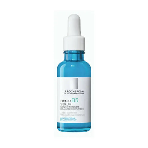 La Roche Posay Hyalu B5 serum 30ml bottle, featuring a clear glass container with a dropper cap, on a white background.
