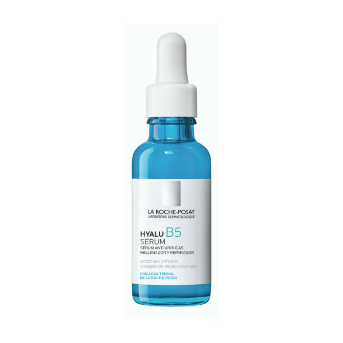 La Roche Posay Hyalu B5 serum in a 30ml bottle, featuring a dropper applicator, displayed on a neutral background.
