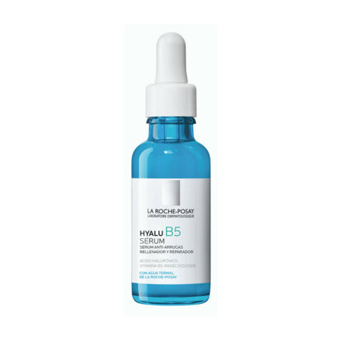 La Roche Posay Hyalu B5 serum in a 30ml bottle, featuring a dropper applicator, displayed on a neutral background.