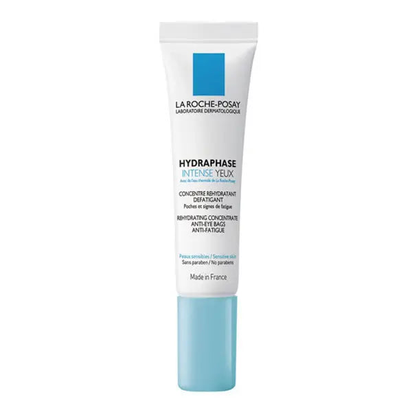 La Roche Posay Hydraphase Intense Eyes 15ml eye cream in a white tube with blue accents, displayed on a neutral background.