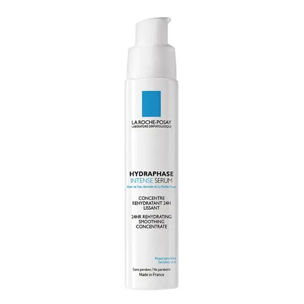 La Roche Posay Hydraphase Intense Serum 30ml bottle with clear packaging and blue accents, displayed on a white background.