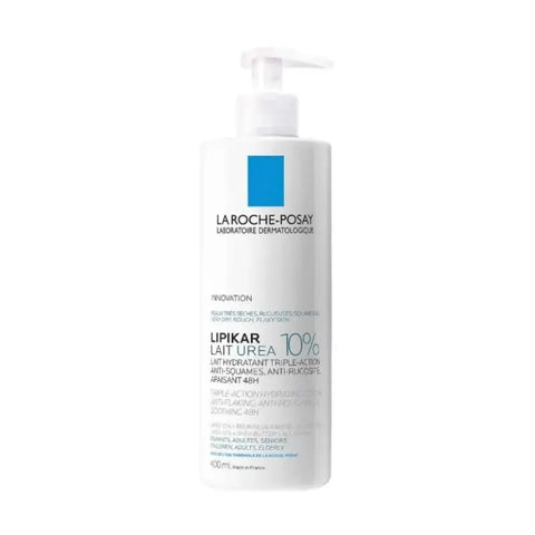La Roche Posay Lipikar Milk Urea 10% in a 400ml bottle, featuring the product label and packaging with a white pump dispenser.