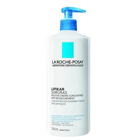 La Roche-Posay Lipikar Surgras concentrated shower cream bottle, 750ml, with label and packaging visible.