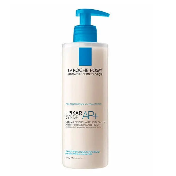La Roche Posay Lipikar Syndet AP+ 400ml gentle cleansing gel for sensitive skin, shown in a white bottle with a pump dispenser.