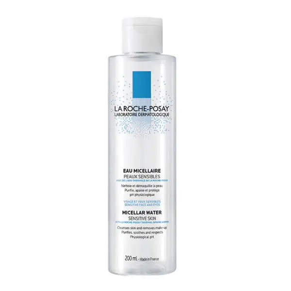 La Roche Posay Micellar Water for Sensitive Skin in a 200ml bottle, displayed with skincare packaging and clear product label.