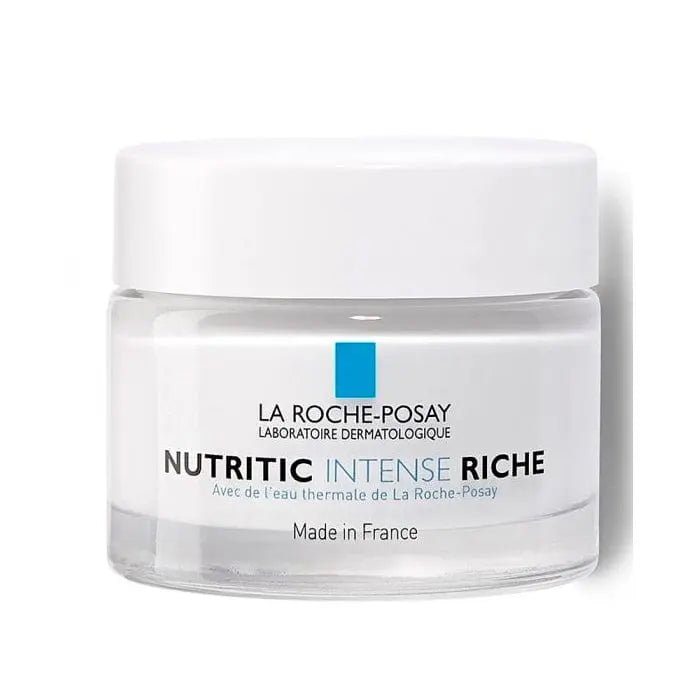 La Roche Posay Nutritic 50ml moisturizer jar with label, featuring a sleek, minimal design and white packaging.