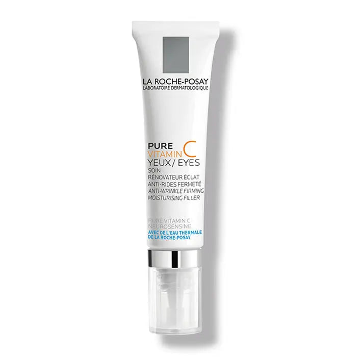 La Roche Posay Pure Vitamin C Eyes serum in a 15ml bottle, displayed with packaging and applicator tips.
