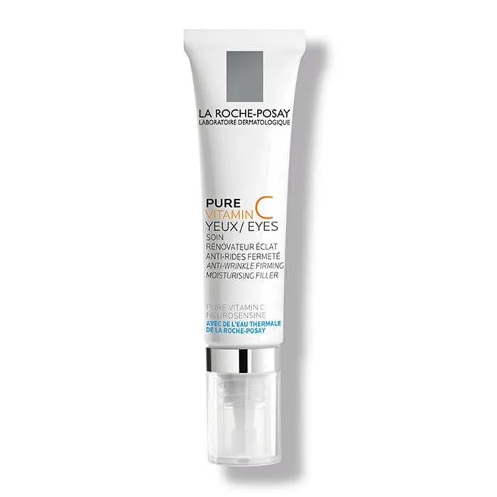 La Roche Posay Pure Vitamin C Eyes 15ml eye serum in a clear bottle, featuring a white pump dispenser and blue label.