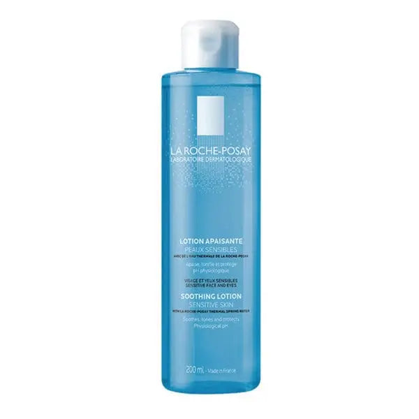 La Roche Posay Soothing Lotion for sensitive skin in 200ml bottle, displayed with brand packaging and product label.