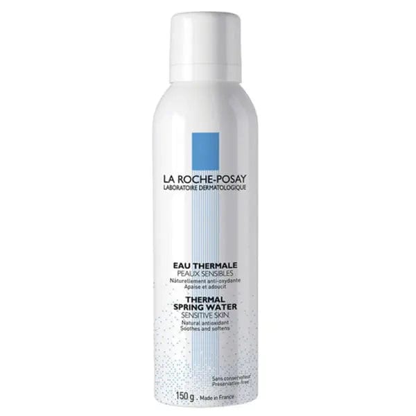 Spray bottle of La Roche Posay Thermal Water in a 150ml size, featuring a sleek design with a white and blue label.