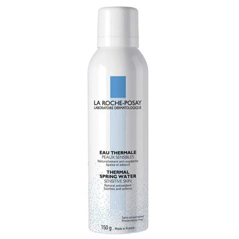 Spray of La Roche Posay Thermal Water in 150ml bottle, displayed on a neutral background, with branding visible.