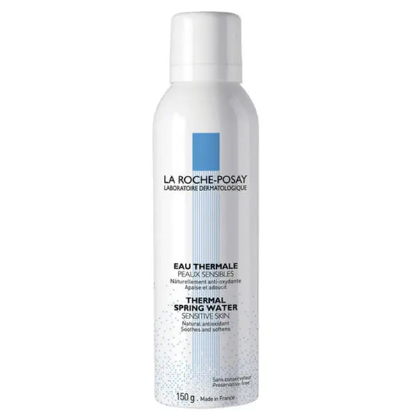 Spray bottle of La Roche Posay Thermal Water 150ml by Jag Couture London New York, soothing facial mist in a clear plastic bottle