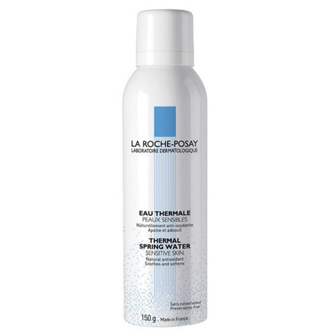 Spray of La Roche Posay Thermal Water 150ml with a clear bottle, used for soothing and refreshing skin.