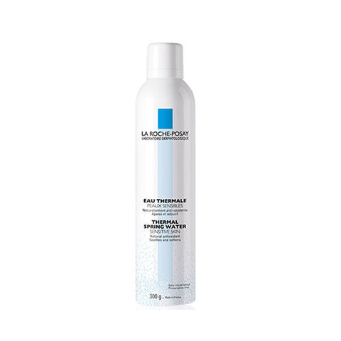 Spray of La Roche Posay Thermal Water in 300ml bottle, featuring the product label and clear packaging.