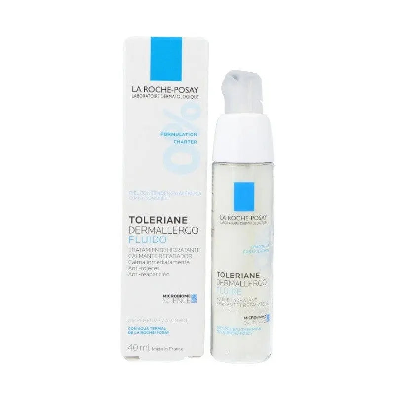 La Roche-Posay Toleriane Dermallergo Fluid 40ml bottle, lightweight skincare moisturizer with pump dispenser.