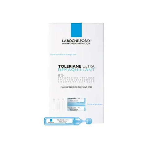 La Roche Posay Toleriane Ultra makeup remover 30x5ml, gentle skincare product for sensitive skin, displayed in a box with individual sachets.