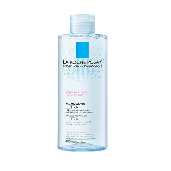 La Roche Posay Ultra Reactive Skin Water 400ml bottle, clear liquid in a spray dispenser, on a plain background