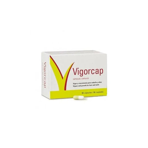 Laboratorios Viñas Vigorcap 90 capsules, dietary supplement, in a clear bottle with a white cap, on a plain background.