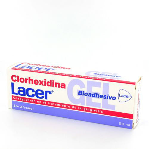 Lacer Chlorhexidine Bioadhesive Gel in 50ml tube, antimicrobial dental gel by Jag Couture London New York, with applicator tip visible.