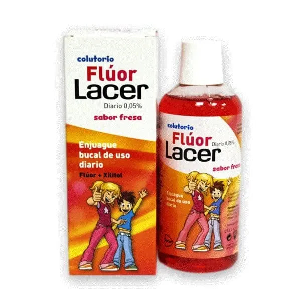 Lacer fluoride 0.05% strawberry mouthwash in a 500ml bottle from Jag Couture London New York, showing the label and packaging.
