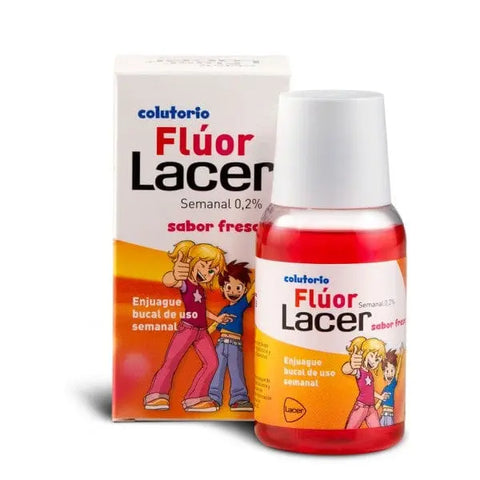 Lacer™ Strawberry Fluoride Mouthwash in a 100ml bottle, featuring a clear container with strawberry flavor label and cap.