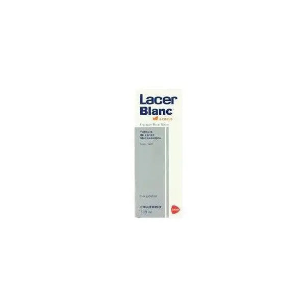 Lacer Lacerblanc D-Citrus mouthwash 500ml in a clear bottle with citrus-flavored label, by Jag Couture London New York