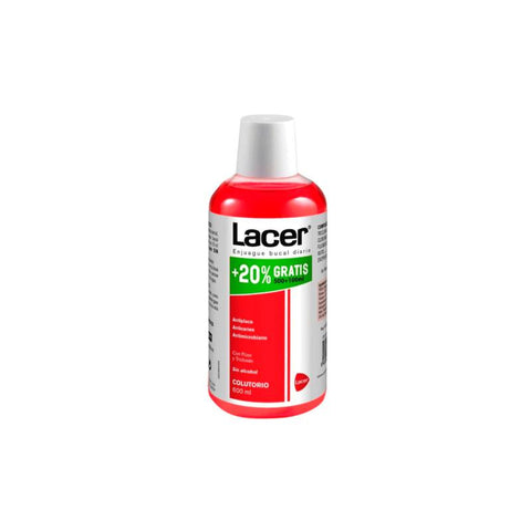 Lacer Mouthwash bottles, 500ml and 100ml, by Jag Couture London - New York, showing clear liquid and label on white background.