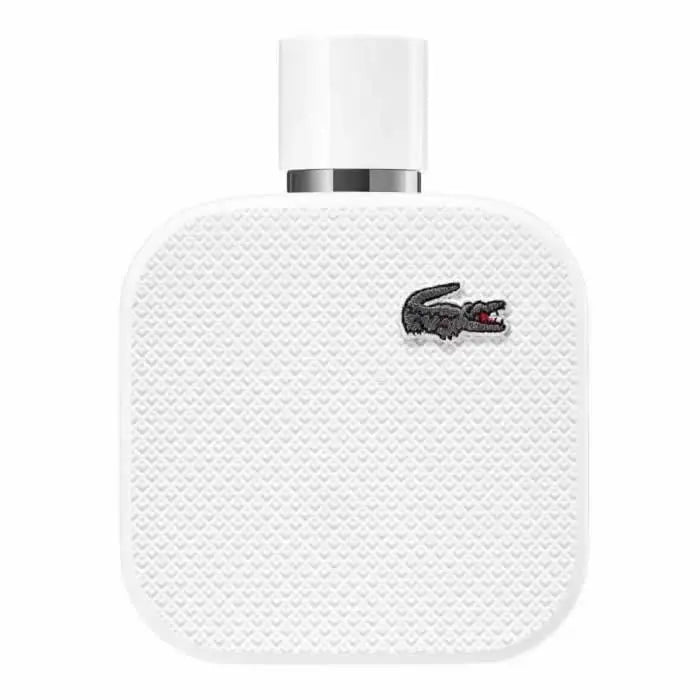 Lacoste L.12.12 Blanc men’s eau de perfume spray 50ml with sleek white bottle, displayed on a neutral background.