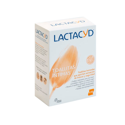 Pack of ten Lactacyd Intimate Wipes by Jag Couture London featuring discreet packaging and individual wipes for personal hygiene.