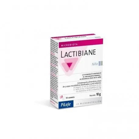 Lactibiane Enfant Pileje probiotic supplement in 10 individual envelopes, designed for children's digestive health.