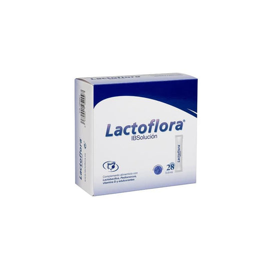 Lactoflora Ibsolución in a box of 28 sachets, probiotic supplement by Jag Couture London New York, showing individual sachets on the package.