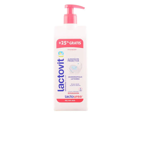 Lactovit Lactourea Body Milk Repair 400ml bottle with white label and pump dispenser, designed for nourishing skin.