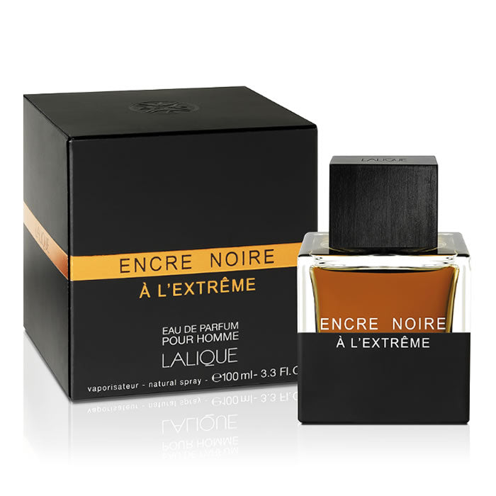 Lalique Encre Noire L’extreme Men Eau De Parfum spray in 100ml bottle, sleek black glass with silver cap, on a neutral background.