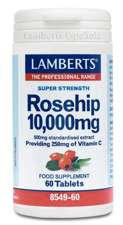 Lamberts Escaramujo 10,000 mg supplement bottle with 60 tablets, displayed on a neutral background.