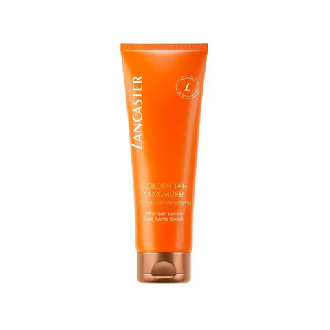 Lancaster Golden Tan Maximizer After Sun Lotion by Jag Couture London, 125ml bottle with golden and white packaging.