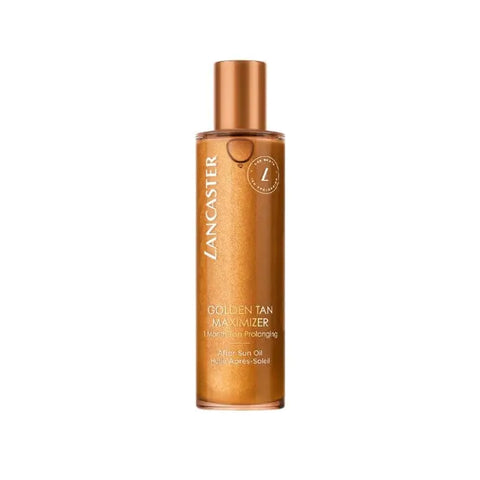 Lancaster Golden Tan Maximizer After Sun Oil by Jag Couture London, 150ml bottle with golden label and sun logo.