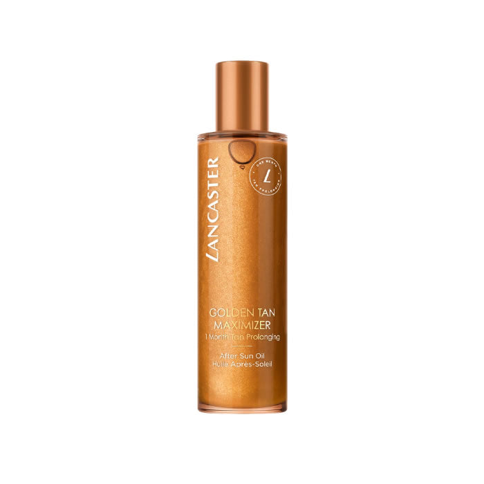 Lancaster Golden Tan Maximizer After Sun Oil by Jag Couture London New York, 150ml bottle with golden label and sun-themed design.